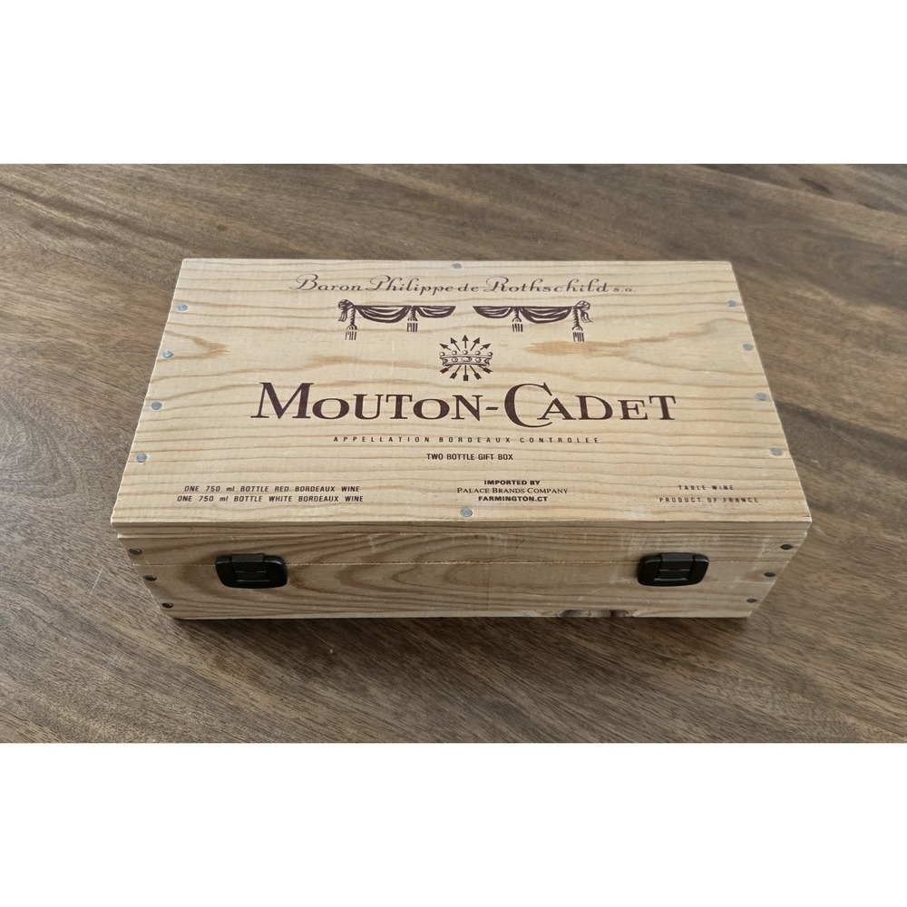 VTG Mouton-Cadet Wood 2 Bottle Wine Gift Box - France - Excellent Used Condition